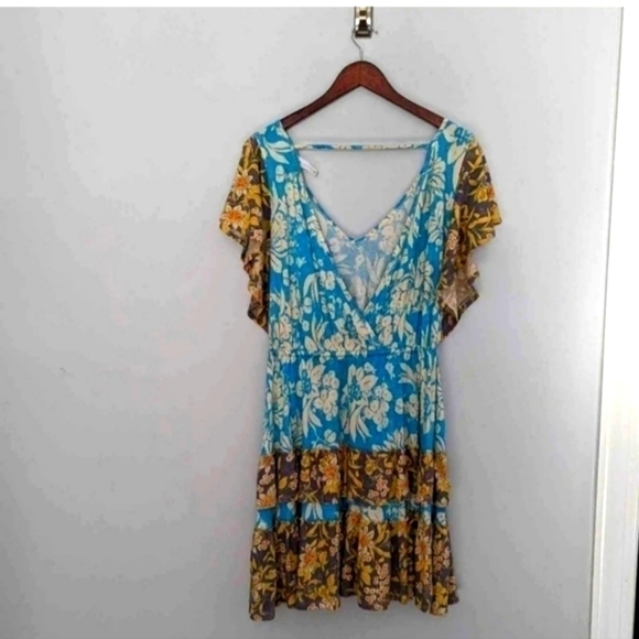 ANTHROPOLOGIE Daily Practice Tiered Ruffle Mini Dress Turquois Floral SZ Small - Picture 10 of 13